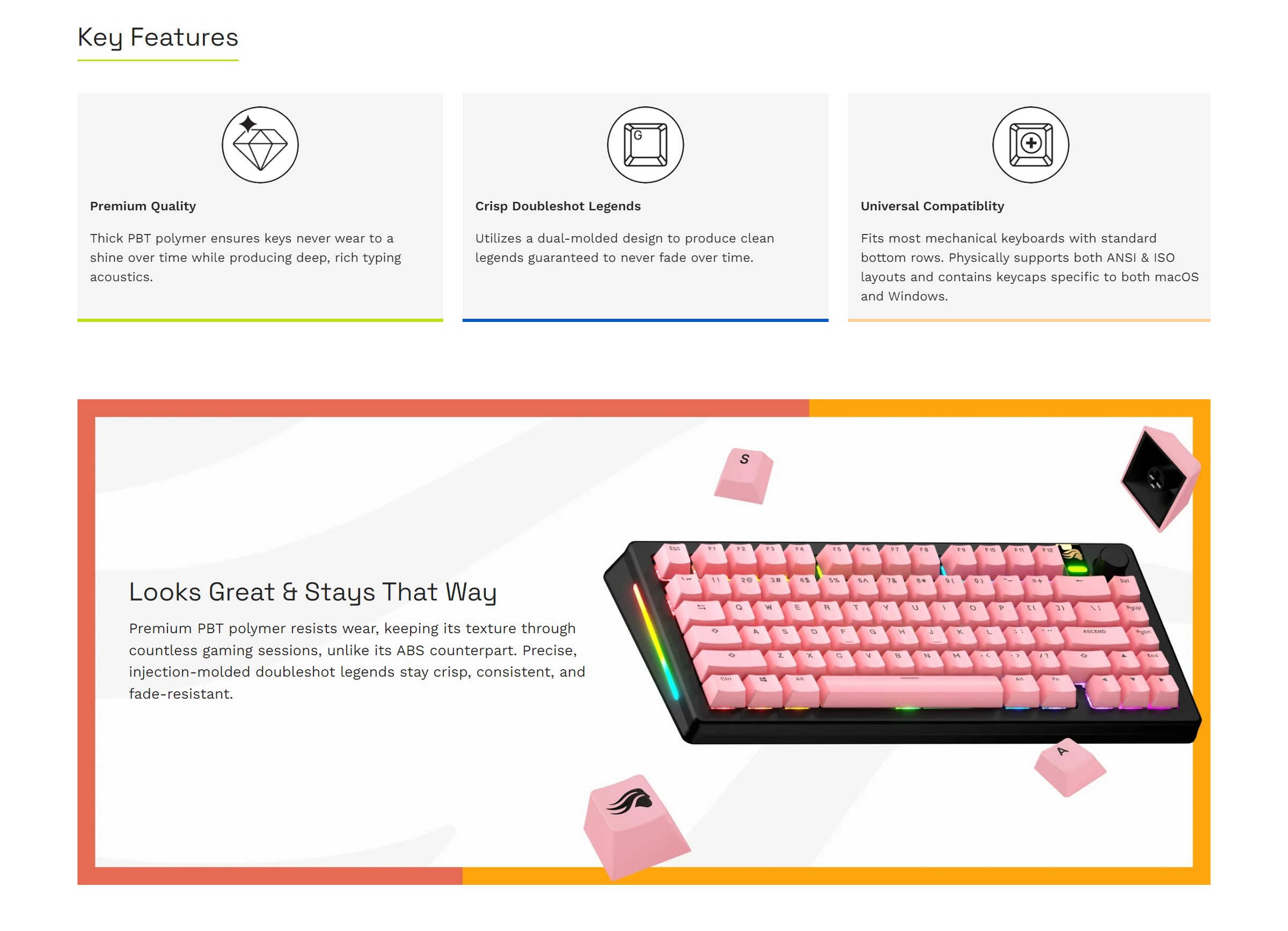 A large marketing image providing additional information about the product Glorious GPBT Basics Keycaps - Potion Pink - Additional alt info not provided